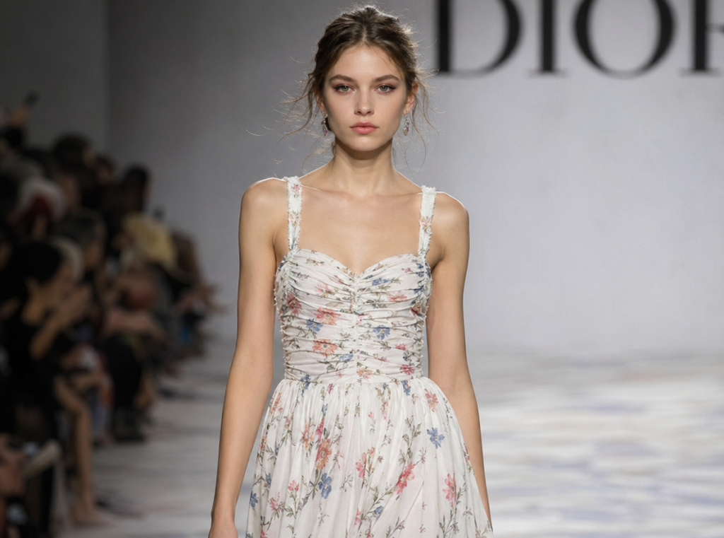 A model of a floral skirt on the Dior runway made by GPT Image 2