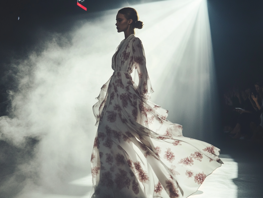 A model of a floral skirt on the Dior runway made by Midjourney