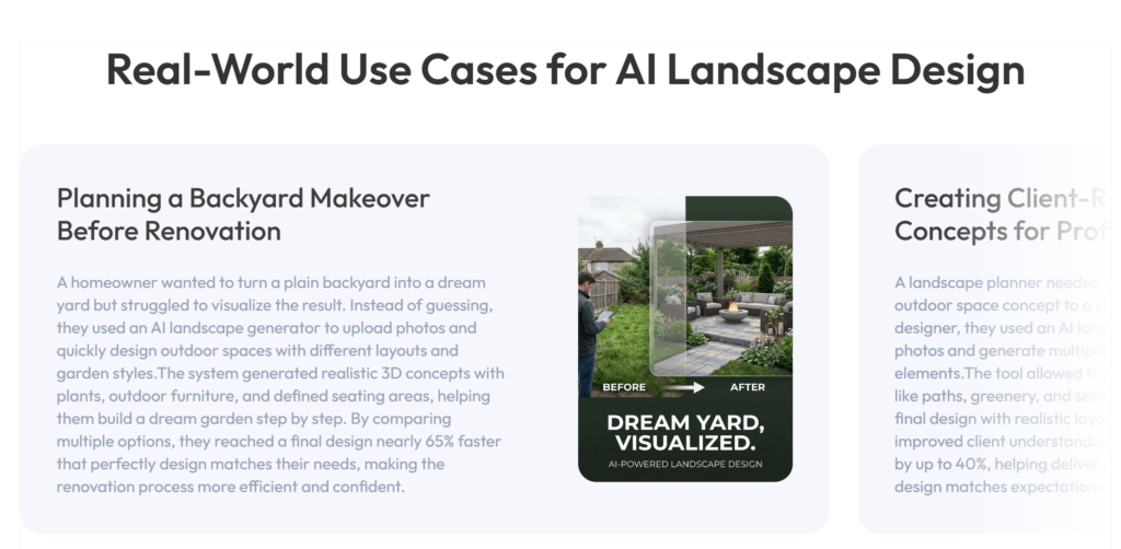 Smart site analysis feature of WeShop AI showing how the free AI landscape design tool evaluates terrain and scale to generate a professional 3D garden layout.