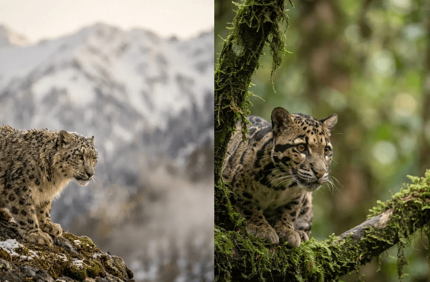Side-by-side images of a snow leopard in a snowy mountain landscape and a clouded leopard resting on a moss-covered tree in a lush forest