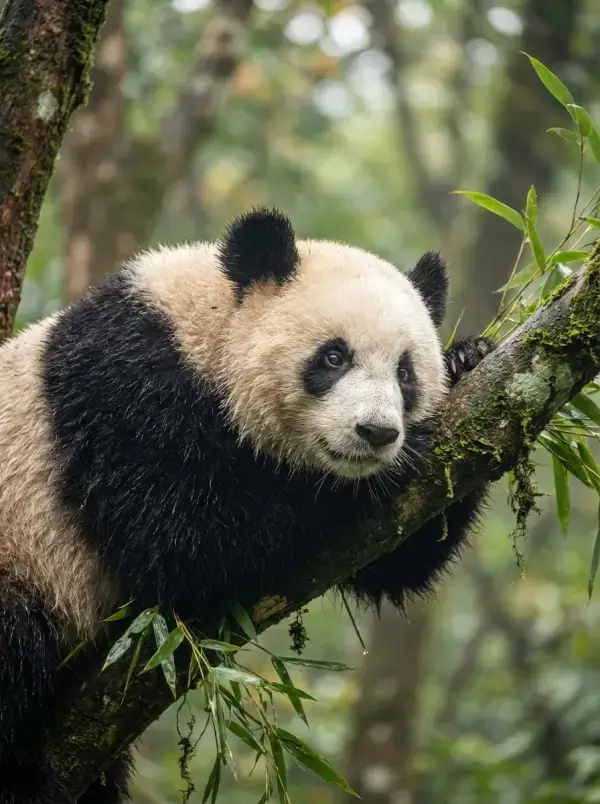 A giant panda resting on a moss-covered tree branch in a lush green forest, surrounded by bamboo leaves.