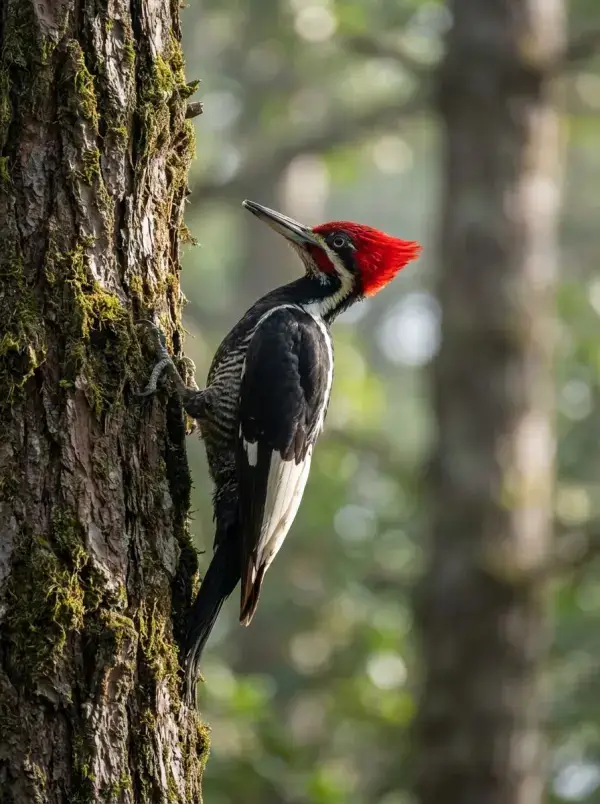 Woodpecker clinging vertically to a tree trunk, perched parallel to the bark while searching for insects on the wood surface
