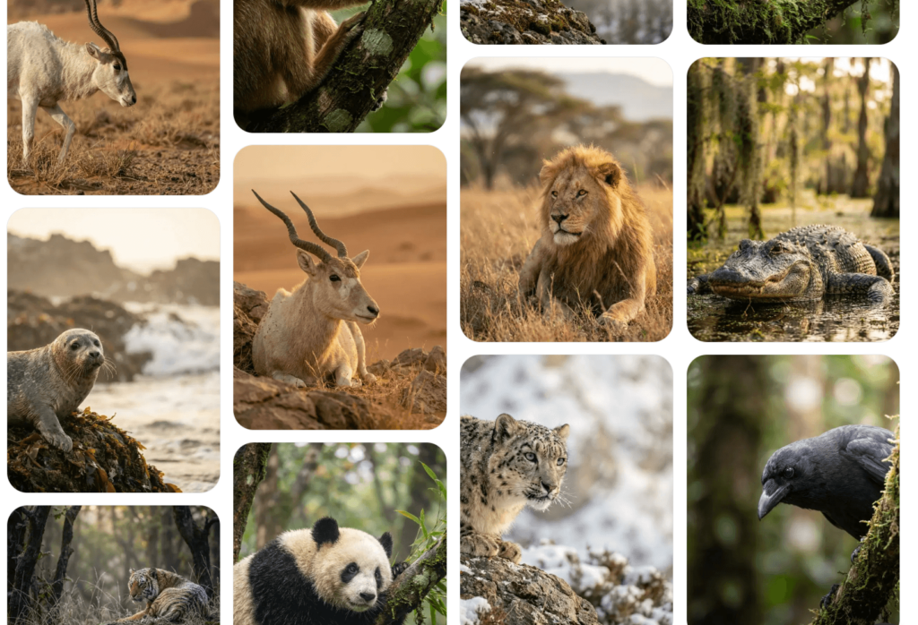 A 3x3 grid layout showcasing various AI-generated wildlife by Weshop AI, including an addax, gibbons, a lion, an alligator, a seal, a giant panda, a snow leopard, a tiger, and a crow.