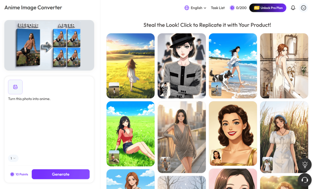 A comparison of a girl in a white dress in a grassy field and its anime art version with warm, glowing sunlight effects.