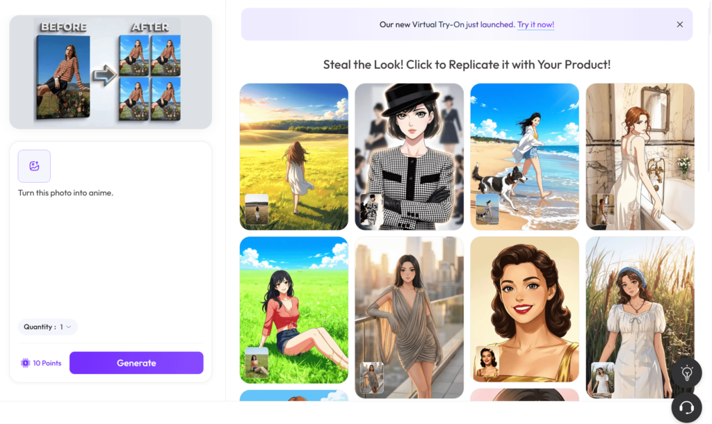 The WeShop AI web interface showing a gallery of "Steal the Look" anime styles, featuring landscapes, beach scenes, and fashion portraits.