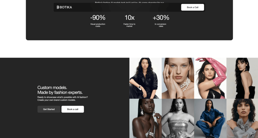 Screenshot of the Botika homepage featuring performance metrics like "-90% production costs" and a diverse gallery of high-fashion AI models.