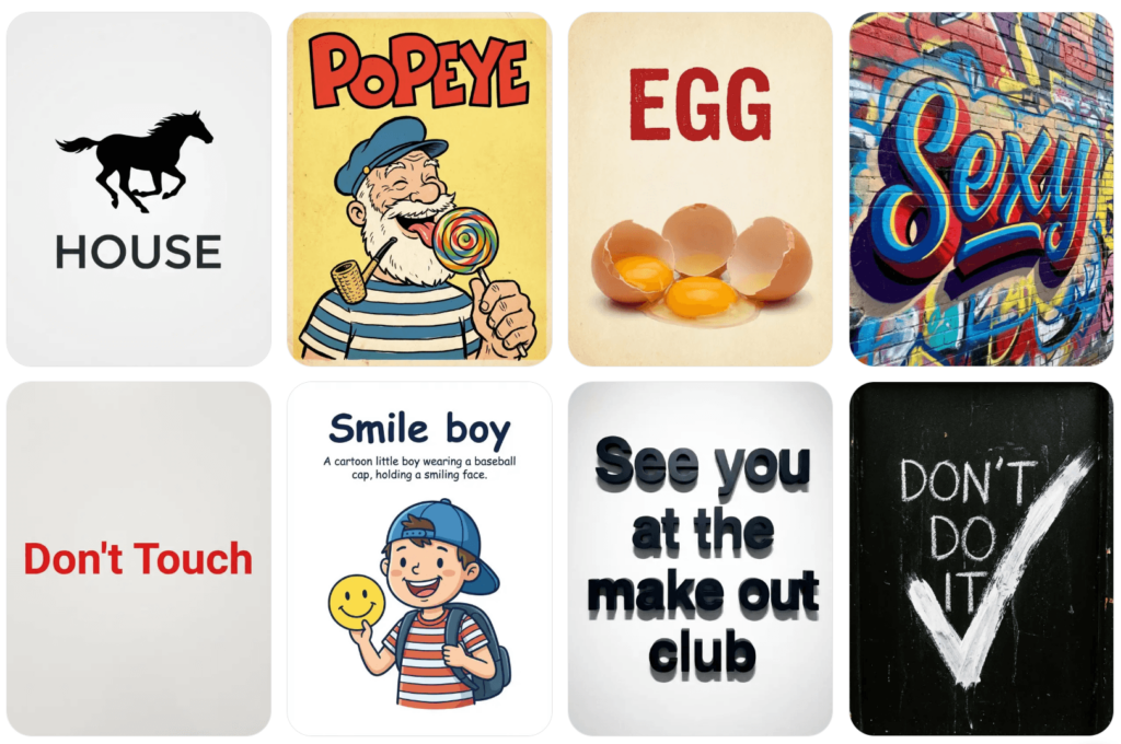A 4x2 grid of diverse AI-generated images, including a horse silhouette, a vintage Popeye illustration, a realistic cracked egg, and various typographic styles like colorful graffiti and 3D shadows.