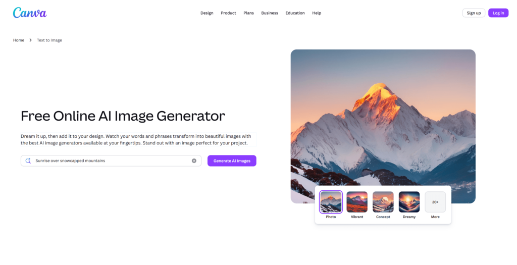 The text-to-image generator page on the Canva platform, with a text prompt input field and style selection options, set against a landscape example.