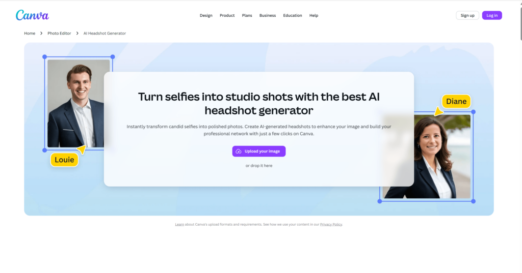 canvas111 – WeShop AI Blog Canva’s AI Headshot Generator landing page, demonstrating how a casual selfie can be converted into a polished, professional studio portrait.