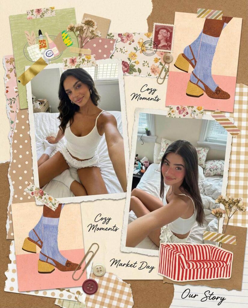 Cozy lifestyle scrapbook collage featuring bedroom snapshots and fashion illustrations made by a free AI photo collage maker.