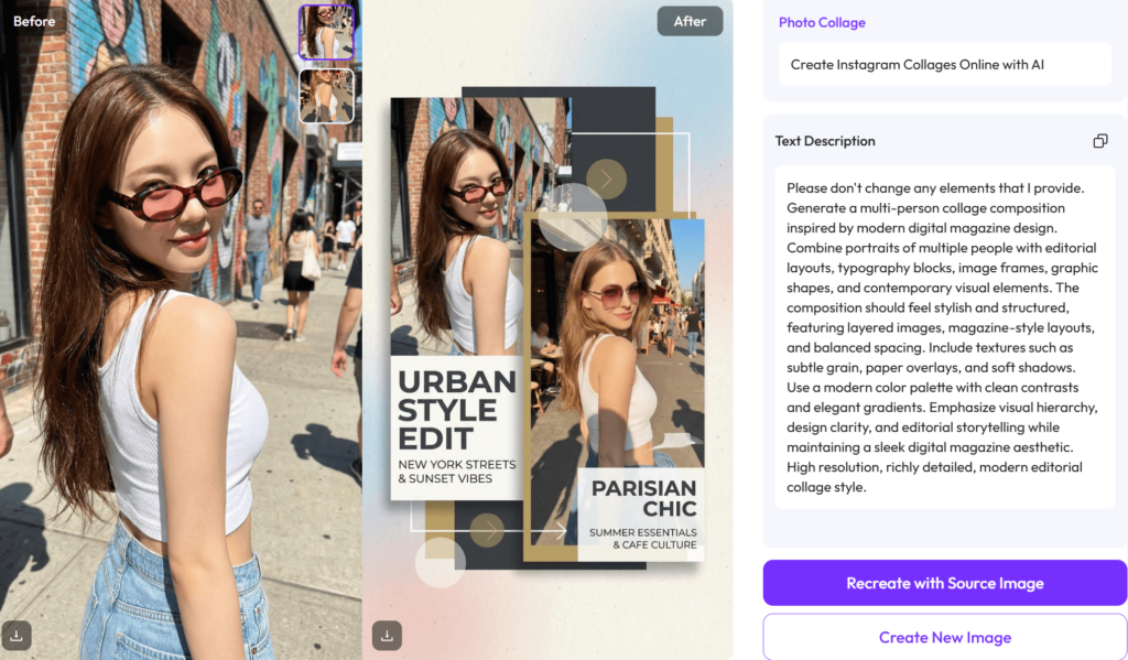 WeShop AI interface demonstrating the AI Photo Collage Maker converting a single street style photo into a professional digital magazine layout with "Urban Style Edit" typography.