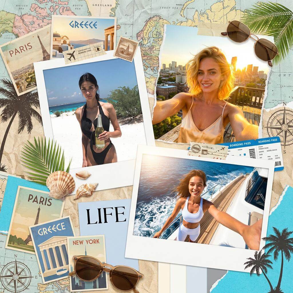 Aesthetic travel scrapbook layout created with an AI photo collage maker featuring vacation photos and vintage maps.
