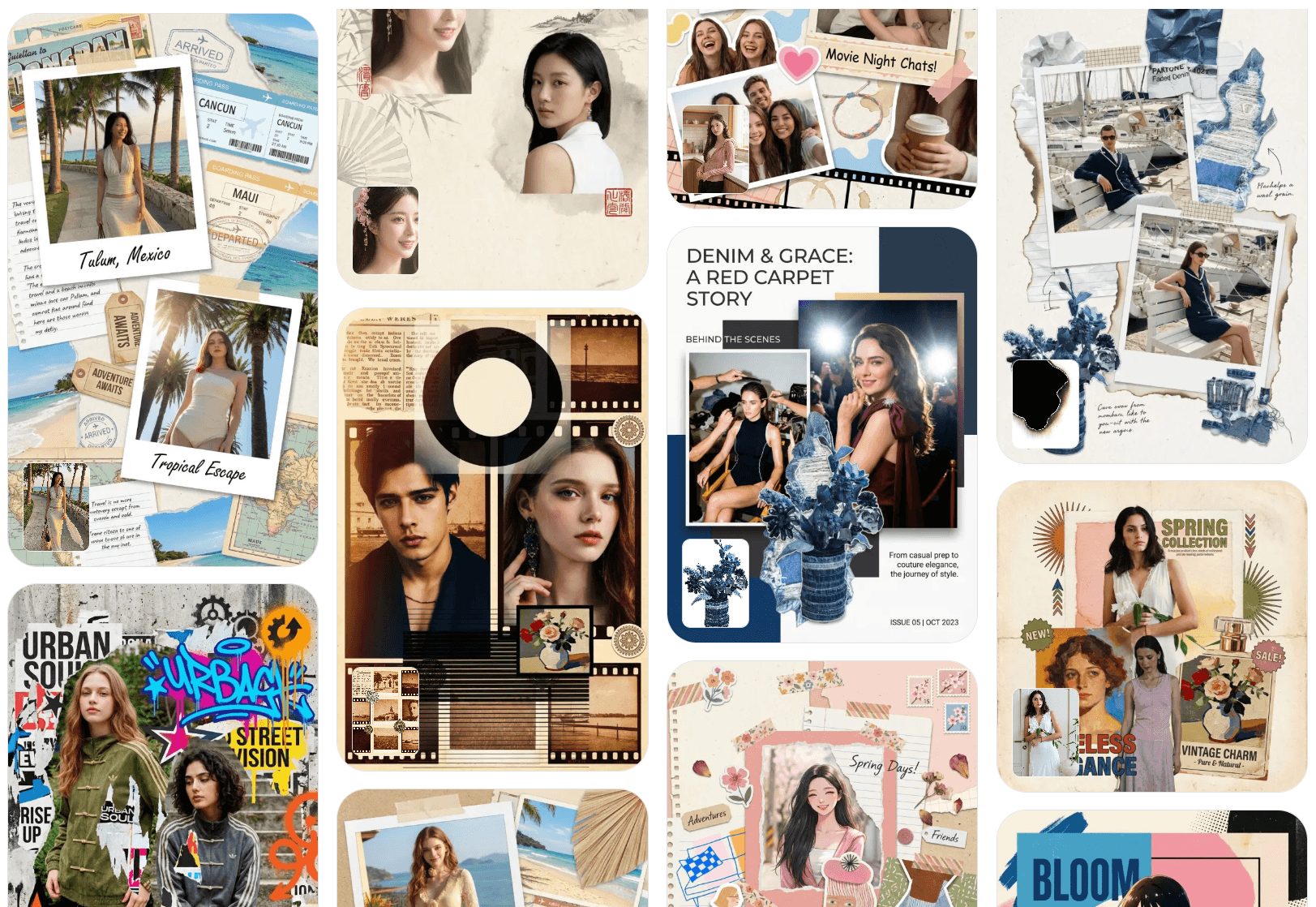 A comprehensive grid display of various AI-powered collage styles including urban street art, fashion magazine layouts, and vintage film aesthetics.