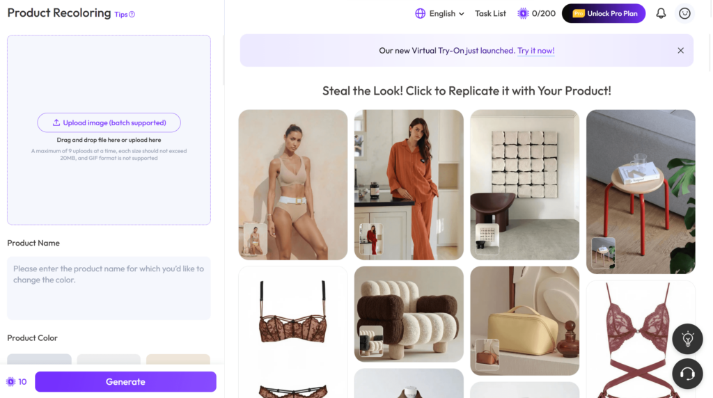 Interface of WeShop AI tools page featuring a sidebar with creative AI editing options and a gallery of high-quality model images demonstrating the AI Photo Recolor and background generation capabilities for e-commerce.