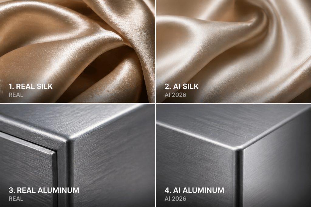 A four-pane comparison grid showing macro textures of real silk, AI-generated silk, real brushed aluminum, and AI-generated aluminum (2026).