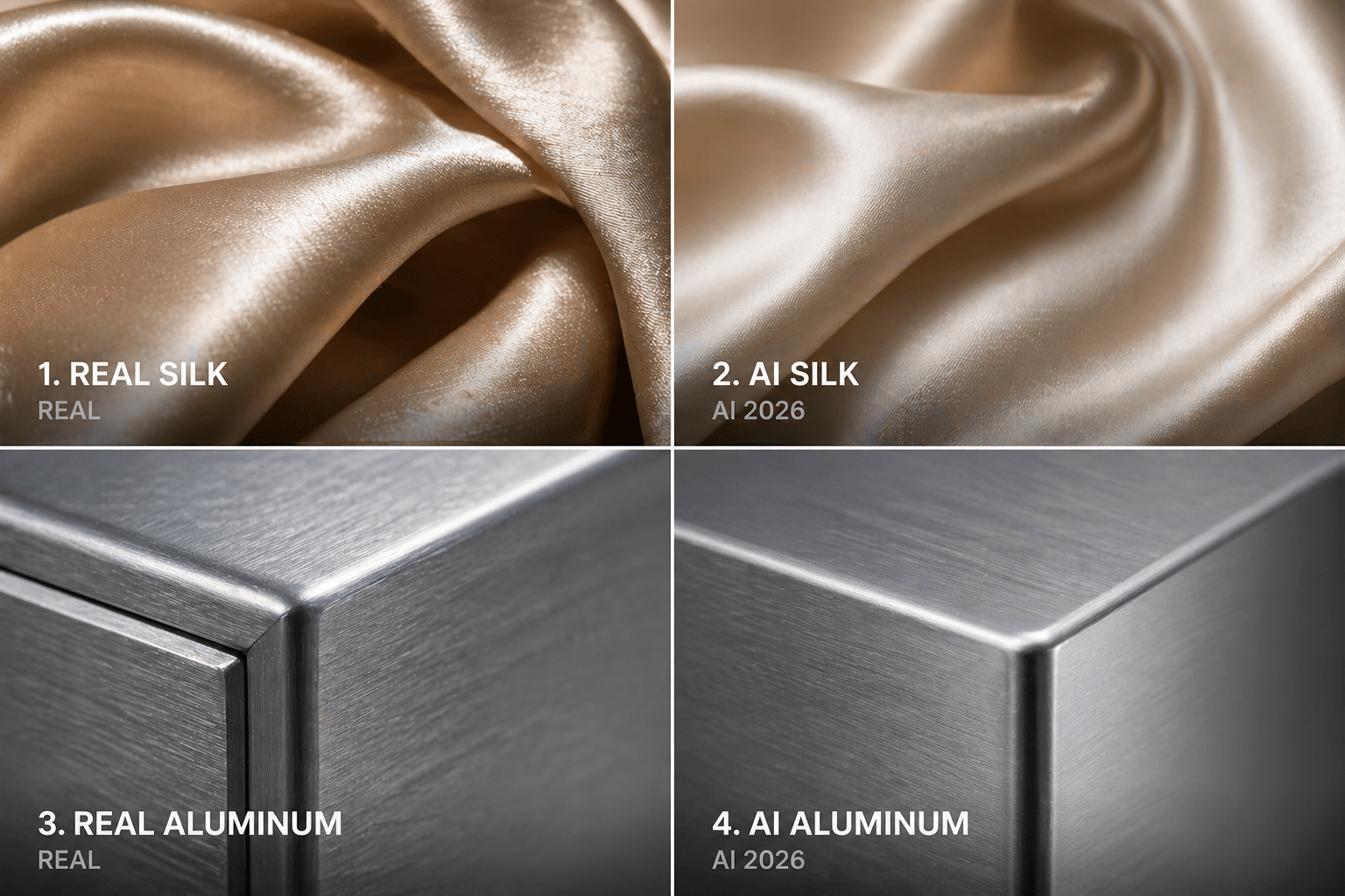 A four-pane comparison grid showing macro textures of real silk, AI-generated silk, real brushed aluminum, and AI-generated aluminum (2026).
