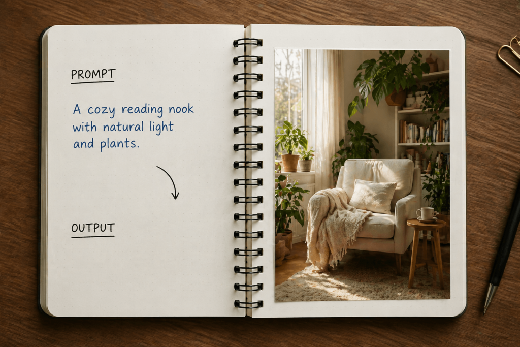 A top-down view of an open spiral notebook on a wooden desk. On the left page, the prompt "A cozy reading nook with natural light and plants" is handwritten. On the right page, a printed photo shows a plush armchair by a sunlit window surrounded by indoor greenery.