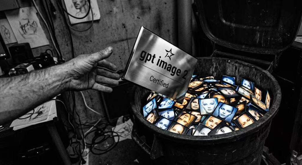A high contrast black and white photo showing a rough, calloused hand throwing a metallic plaque that reads gpt image 2 Certified into a garbage can. The trash is filled with numerous glowing, "perfect" AI generated faces that look eerily similar and devoid of individual character.