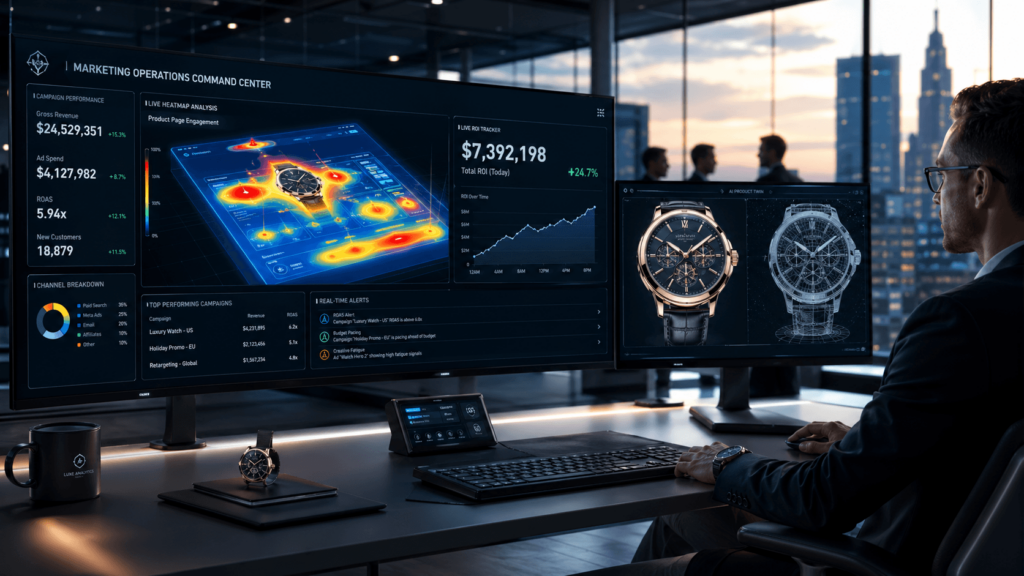 A futuristic marketing operations dashboard displaying real-time eCommerce AI Image ROI, live heatmap analysis, and AI-generated product twins for a luxury watch.