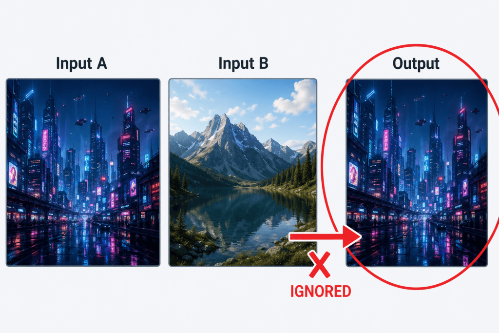 A diagram illustrating a model failure where Input B (mountains) is completely ignored in favor of Input A (cyberpunk city) in the final output.
