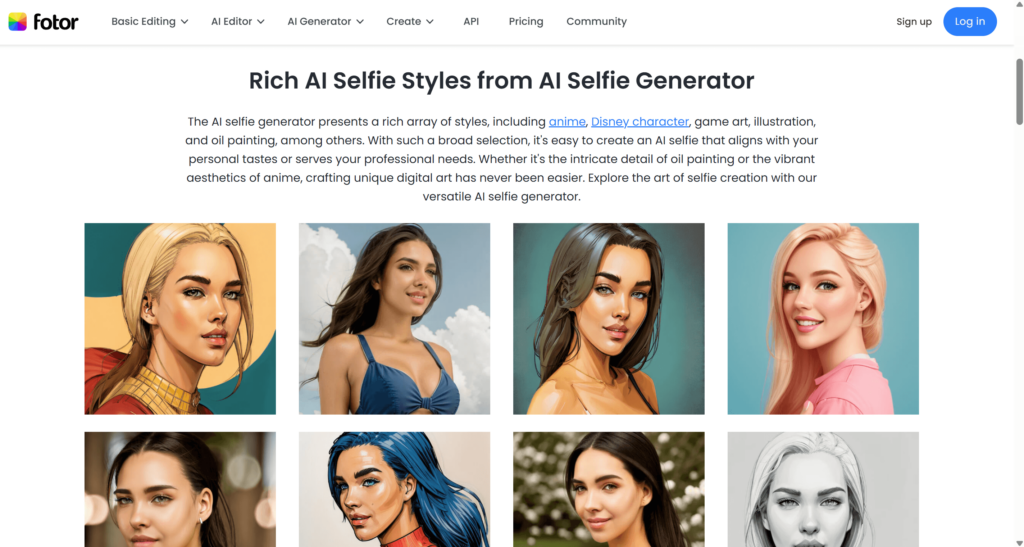 fotor-selfie – WeShop AI Blog A showcase of Fotor’s AI selfie styles, including anime-inspired avatars, Disney-style characters, and digital illustrations.