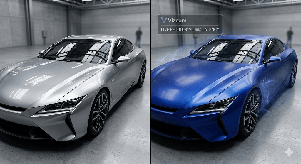 A split-screen showing a silver concept car transformed into a metallic blue version via Vizcom AI, maintaining precise studio reflections on the car's body.