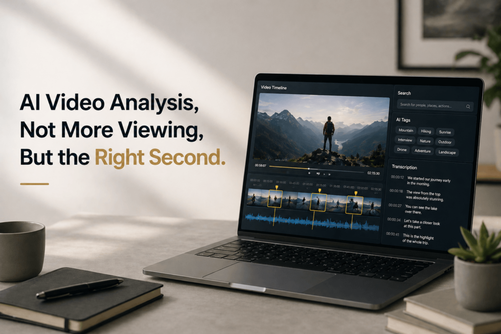 A mockup of an AI video analysis platform interface on a laptop. It features a video of a man on a mountain, auto-generated AI tags like "Mountain" and "Hiking," and a transcription of the audio.
