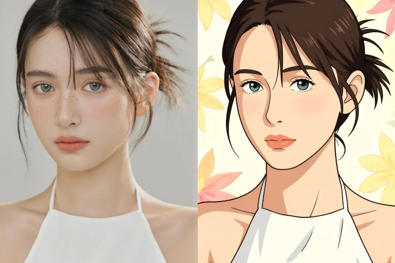 A side-by-side comparison image showing a real-life photo transformed into a beautiful Studio Ghibli inspired anime illustration using WeShop AI's filter, highlighting the "AI Ghibli Art Create" tool's capabilities.