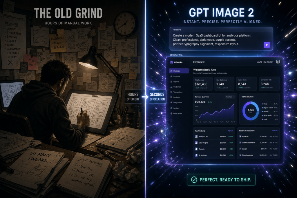 A split-screen comparison titled 'The Old Grind' vs 'GPT Image 2'. On the left, a tired designer works under a desk lamp surrounded by messy sketches. On the right, a glowing digital interface displays a professional, dark-mode SaaS dashboard generated instantly by AI.