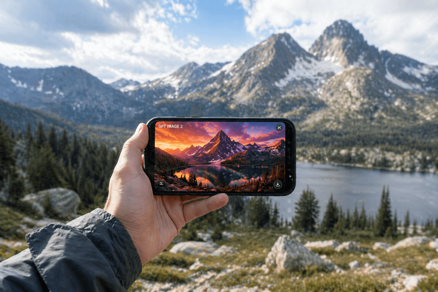 A first-person perspective of a hand holding a smartphone against a real mountain landscape. The phone screen shows a GPT Image 2 version of the same scene, but with a more dramatic sunset and vibrant colors, illustrating how AI 'improves' upon reality.
