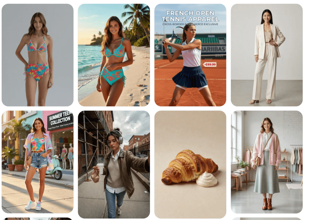 An overview of diverse, AI-generated fashion and product images on a WeShop AI platform dashboard, featuring swimsuits, tennis wear, casual outfits, and food.