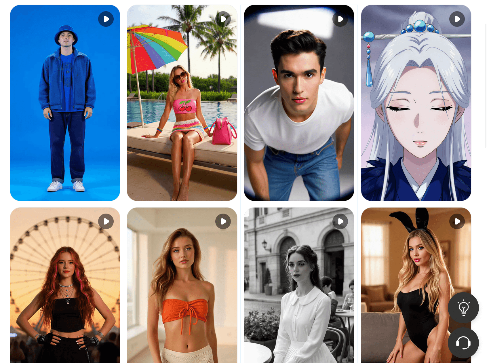 A screenshot of the WeShop AI 'Grok Imagine AI Video Generator' interface showing a grid of eight diverse, high-quality AI-generated video examples, including realistic portraits, specific fashion outfits (like a cherry bikini and a blue tracksuit), an intricate anime character, and a cinematic black-and-white film-noir style scene, each with a play icon.