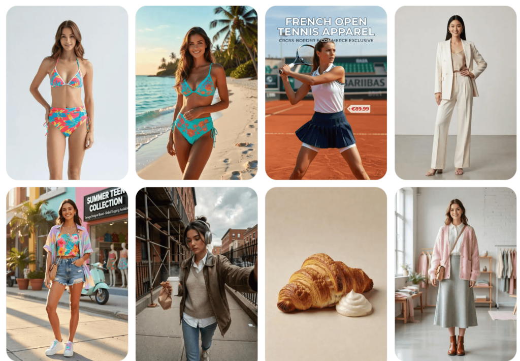 A grid of eight AI-generated commercial images showcasing diverse subjects: models in swimwear, a tennis player on a clay court, a woman in a professional beige suit, and a detailed close-up of a croissant.