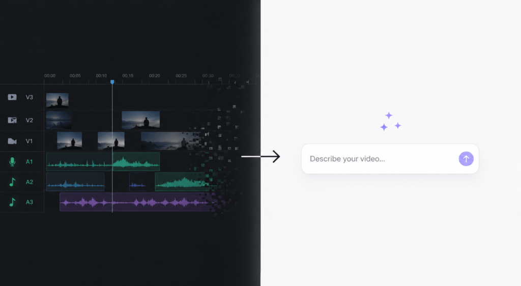 A conceptual image showing a transition from a complex professional video editing timeline (with multiple video and audio tracks) on the left, which dissolves into a simple AI prompt box on the right that reads 'Describe your video...'. An arrow points toward the AI input, symbolizing the shift from manual editing to prompt-based creation.