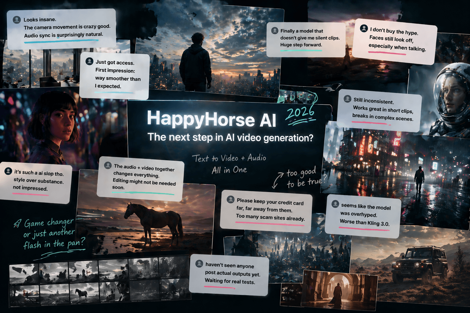 A collage of various AI-generated cinematic scenes (cityscapes, portraits, a horse at sunset) overlaid with real user comment bubbles. Comments range from high praise like 'Game changer' and 'Audio sync is surprisingly natural' to skepticism about 'AI slop' and warnings to 'keep your credit card far away'.