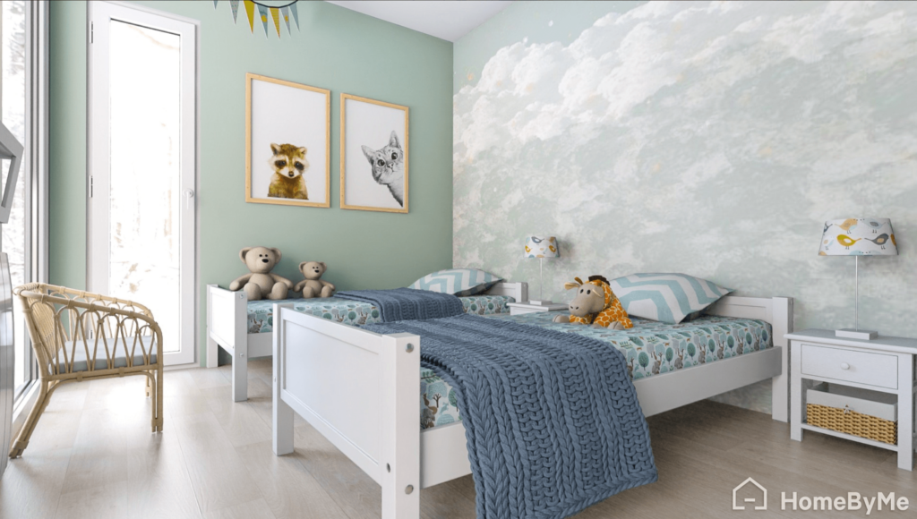 A realistic 3D render of a children's bedroom with two white wooden beds, blue knit blankets, animal wall art, and a large cloud mural.