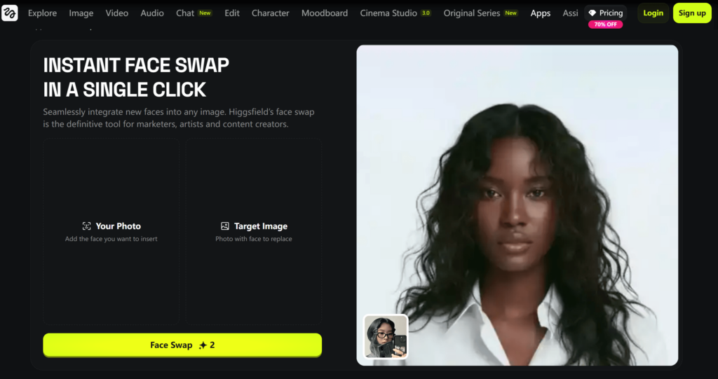 higgisfield – WeShop AI Blog The dark-themed Higgsfield AI interface, showcasing its "Single Click" face swap feature designed for marketers and content creators.