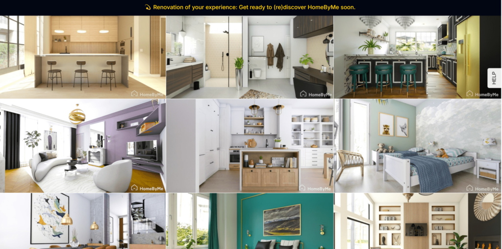 A collage of nine high-quality 3D interior design renders including modern kitchens, a purple-toned living room, and a kid's bedroom from the HomeByMe interface.