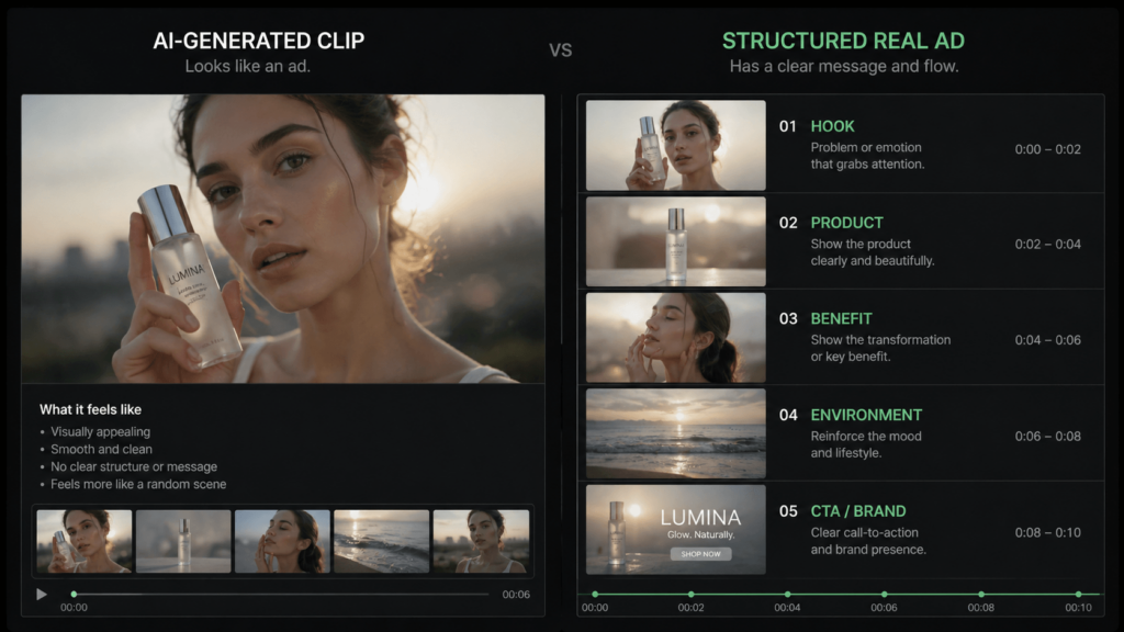 A comparison screen titled 'AI-GENERATED CLIP vs STRUCTURED REAL AD'. The left shows a single AI beauty shot of a woman with a 'LUMINA' bottle, labeled as 'visually appealing but lacking structure'. The right shows a 5-step storyboard (Hook, Product, Benefit, Environment, CTA) demonstrating how HappyHorse AI can organize clips into a coherent 10-second commercial.