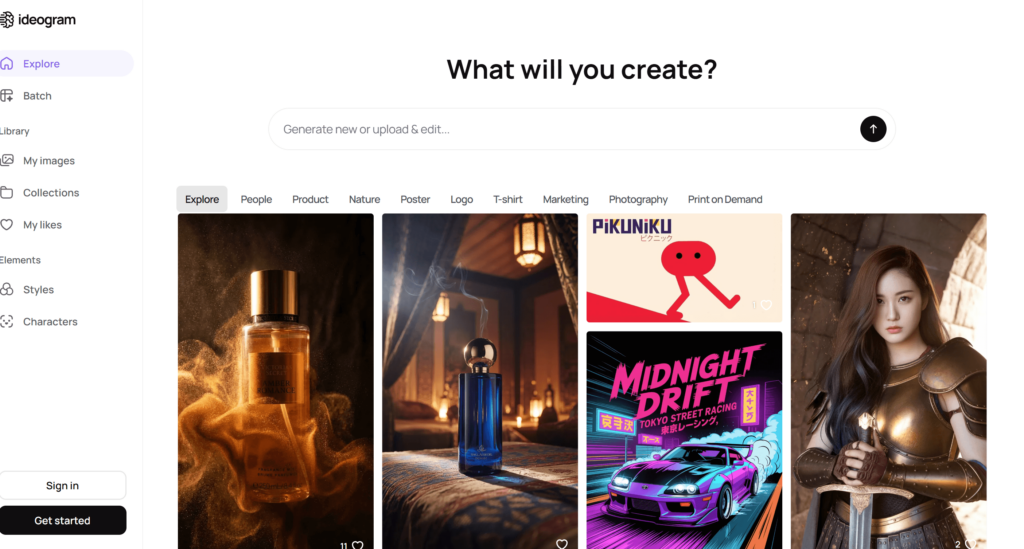 The main Ideogram website interface, an AI image generator, with its 'What will you create?' prompt input and a gallery of featured images.