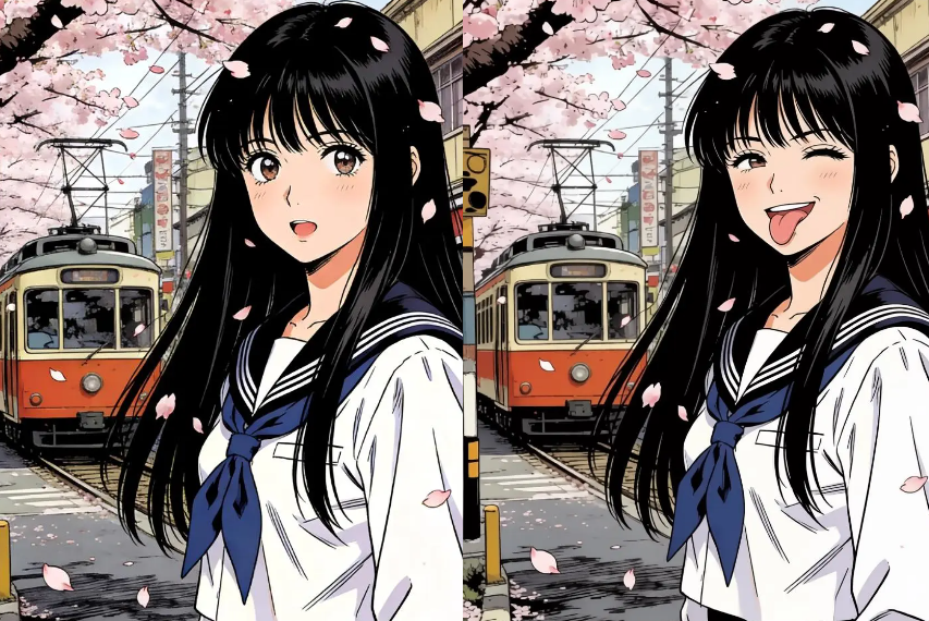 A side-by-side comparison of an anime-style girl standing by a train track with cherry blossoms; the image generator modifies her expression from a smiling look to a playful wink with her tongue out.