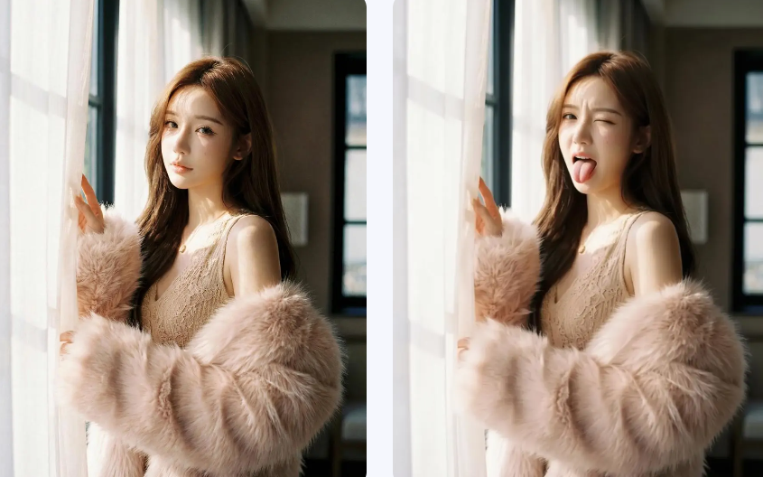 A before-and-after side-by-side comparison of a realistic AI-generated woman in a plush pink fur coat, showing a neutral expression versus a playful face with a wink and tongue out.
