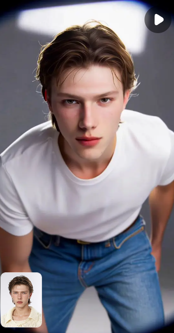 A video frame preview from a face replacement task showing a man leaning forward in a white shirt, used as the source for FireRed Image Edit video processing.