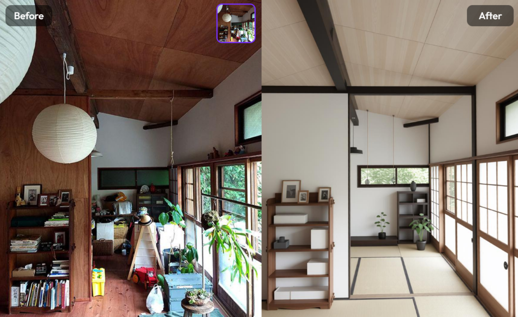 A before-and-after interior design comparison where a cluttered wooden room is transformed into a clean, minimalist Japanese-style space using AI.