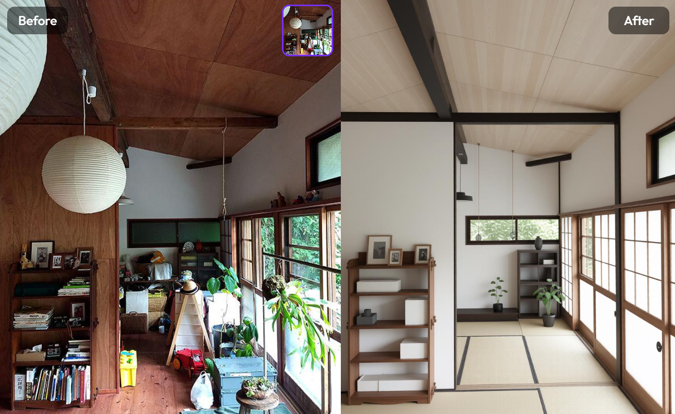 A before-and-after interior design comparison where a cluttered wooden room is transformed into a clean, minimalist Japanese-style space using AI.
