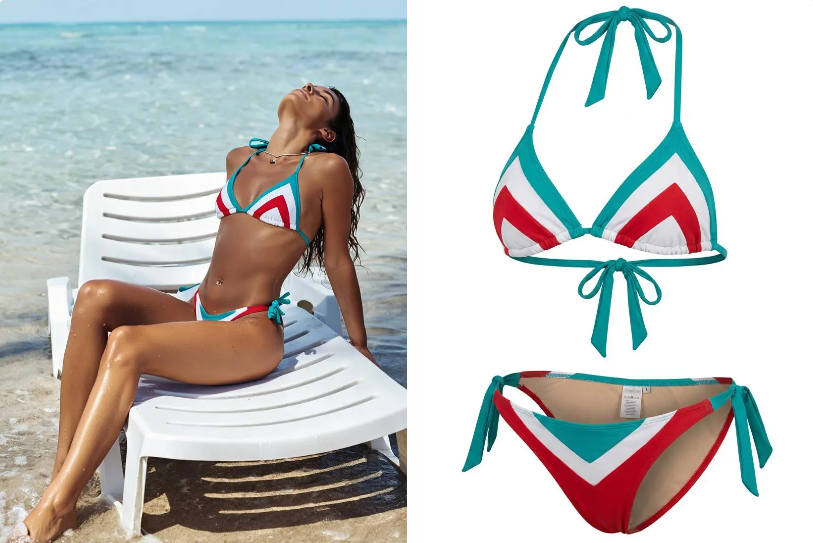 Before and after comparison of a chevron patterned bikini changing from a beach model photo to a professional ghost mannequin studio shot.