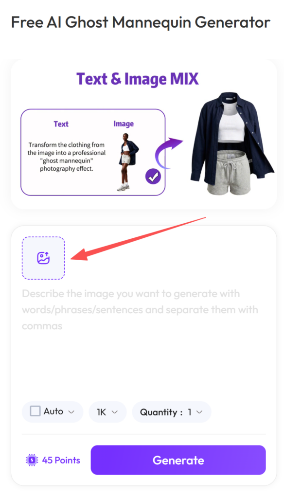 Close-up of the AI Ghost Mannequin Generator interface highlighting the image upload button with a red arrow.