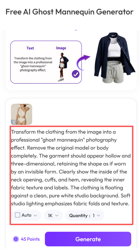 Interface showing a detailed text prompt for transforming clothing into ghost mannequin photography with a red box highlighting the text area.