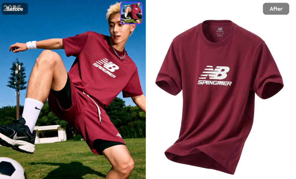 Before and after comparison of a maroon New Balance t-shirt, showing a male model playing soccer transformed into a professional floating ghost mannequin product image.