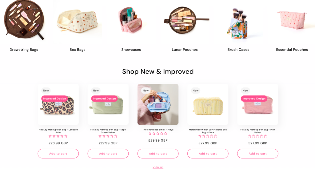 Screenshot of an online store's makeup bag category page featuring flat lay product photography of drawstring bags, box bags, and pouches.